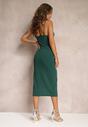 Zielona Dopasowana Sukienka Midi na Regulowanych Ramiączkach z Głębokim Dekoltem Zosfia