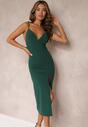 Zielona Dopasowana Sukienka Midi na Regulowanych Ramiączkach z Głębokim Dekoltem Zosfia