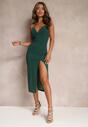 Zielona Dopasowana Sukienka Midi na Regulowanych Ramiączkach z Głębokim Dekoltem Zosfia