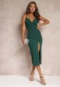 Zielona Dopasowana Sukienka Midi na Regulowanych Ramiączkach z Głębokim Dekoltem Zosfia