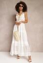 Biała Koronkowa Sukienka Maxi z Ozdobnym Dekoltem na Cienkich Ramiączkach Suana