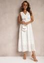 Biała Sukienka Maxi z Koronkowej Tkaniny z Wiązaniem przy Dekolcie Nodaia