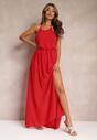 Czerwona Sukienka Maxi Wiązana na Szyi z Gumką w Talii i Rozkloszowanym Dołem Amyli