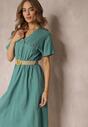 Rochie cămașă midi verde din bumbac cu elastic în talie și curea împletită Emera