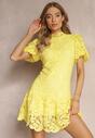 Żółta Sukienka z Koronkowym Haftem Paisley i Bufiastymi Rękawami Briena