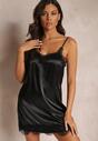 Czarna Satynowa Koszula Nocna na Cienkich Ramiączkach z Majtkami Bebeni
