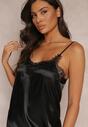 Czarna Satynowa Koszula Nocna na Cienkich Ramiączkach z Majtkami Bebeni