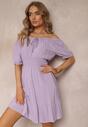Rochie Violetă din Bumbac cu Umeri Descoperiți și Elastic în Talie Rosaliesta