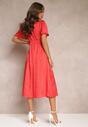 Czerwona Taliowana Sukienka Midi z Gumką w Talii w Kropki Glennta