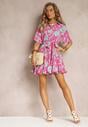 Różowo-Zielona Kwiecista Sukienka Mini w Koszulowym Stylu Tillsenta