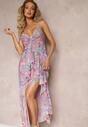 Różowo-Fioletowa Kwiecista Sukienka Maxi z Asymetrycznym Dołem Jomelli