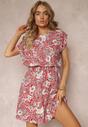 Rochie mini roșie florală cu elastic în talie și cloș din viscoză Doenix