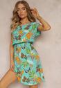 Rochie mini evazată cu flori Mentă Mioală cu elastic în talie din viscoză