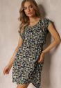 Rochie mini bleumarin din viscoză cu elastic în talie cu flori Holtis