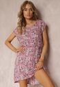 Rochie Roz Mini din Viscoză cu Elastic în Talie cu Flori Holtis