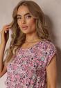 Rochie Roz Mini din Viscoză cu Elastic în Talie cu Flori Holtis