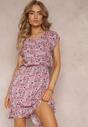 Rochie Roz Mini din Viscoză cu Elastic în Talie cu Flori Holtis