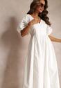 Biała Rozkloszowana Sukienka Maxi z Ażurowymi Wstawkami z Lnem i Bawełną Camya