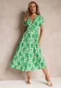Zielona Wiskozowa Sukienka Midi w Kwiaty z Gumką w Talii Divina