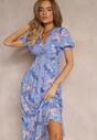 Rochie midi din viscoză albastră cu mâneci scurte și decolteu adânc Emsle