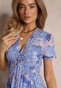 Rochie midi din viscoză albastră cu mâneci scurte și decolteu adânc Emsle