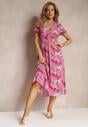Rochie midi fuchsia din viscoză cu mâneci scurte și decolteu adânc Emsle