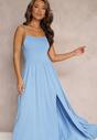 Niebieska Rozkloszowana Sukienka Maxi na Cienkich Ramiączkach z Rozporkiem Weslyn