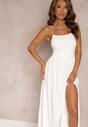 Biała Rozkloszowana Sukienka Maxi na Cienkich Ramiączkach z Rozporkiem Weslyn