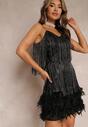 Czarna Sukienka Mini z Frędzlami w Cyrkonie i Piórami Tarinelle
