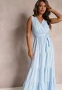 Niebieska Kopertowa Sukienka Maxi z Gumką w Talii i Materiałowym Paskiem Leansa
