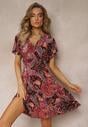 Rochie Mini Roșu-Negru cu Decolteu Încrucișat și Elastic în Talie cu Imprimeu Floral Caladin