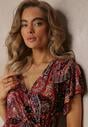 Rochie Mini Roșu-Negru cu Decolteu Încrucișat și Elastic în Talie cu Imprimeu Floral Caladin