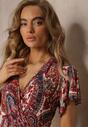 Rochie Mini Roșie cu Decolteu Înfășurat și Elastic în Talie cu Imprimeu Floral Caladin