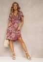 Rochie Mini Roșie cu Decolteu Înfășurat și Elastic în Talie cu Imprimeu Floral Caladin