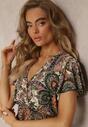 Rochie mini verde-bej cu decolteu petrecut și elastic în talie cu flori Caladin