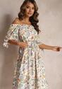 Rochie midi din viscoză bej-verde cu decolteu spaniol și mâneci decorative Ahnesa