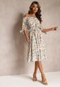 Rochie midi din viscoză bej-verde cu decolteu spaniol și mâneci decorative Ahnesa