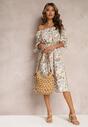 Rochie midi din viscoză bej-verde cu decolteu spaniol și mâneci decorative Ahnesa