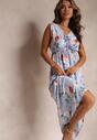 Jasnoniebieska Sukienka Maxi w Kwiaty z Gumką w Talii Kaleita