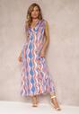 Różowo-Niebieska Wiskozowa Sukienka Maxi z Gumkami w Pasie i Ściągaczami na Ramionach Kaesa