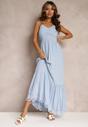 Niebieska Rozkloszowana Sukienka Maxi na Cienkich Ramiączkach z Gumką w Talii i Kopertowym Dekoltem Onveva