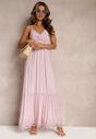 Różowa Rozkloszowana Sukienka Maxi na Cienkich Ramiączkach z Gumką w Talii i Kopertowym Dekoltem Onveva