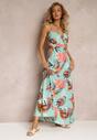 Jasnozielona Długa Sukienka w Kolorowe Liście na Cienkich Ramiączkach  Taytum