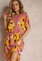 Różowa Długa Sukienka z Wiskozy w Słoneczniki z Wiązaniem w Talii Kolita