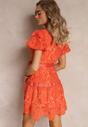 Pomarańczowa Koronkowa Sukienka Mini z Falbankami i Materiałowym Paskiem Mivan