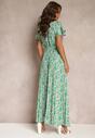 Zielona Plisowana Sukienka Maxi w Kwiatki z Gumką w Talii Ikama