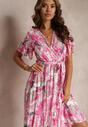 Różowa Sukienka Midi z Gumką w Talii i Kopertowym Dekoltem Stanlia