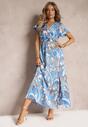 Niebieska Rozkloszowana Sukienka Maxi z Gumką w Talii i Materiałowym Paskiem Tivia