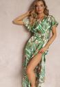 Zielona Rozkloszowana Sukienka Maxi z Gumką w Talii i Materiałowym Paskiem Tivia
