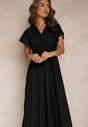 Maxi Rochie Neagră de Cocktail Pliuri Decolteu Triunghiular Fundă Talie Phoelia